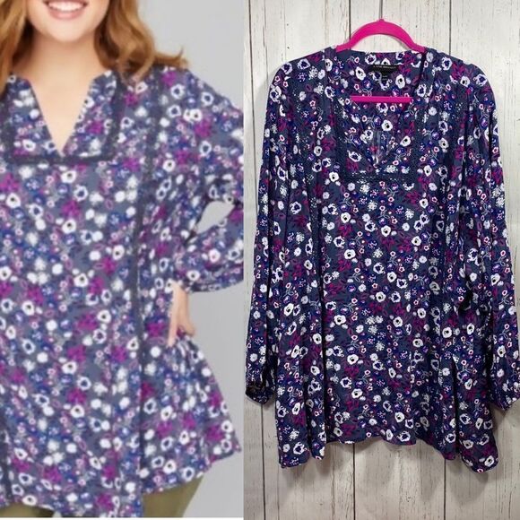 Lane Bryant Womens Floral Boho Peasant Blue Blouse - Picture 1 of 15